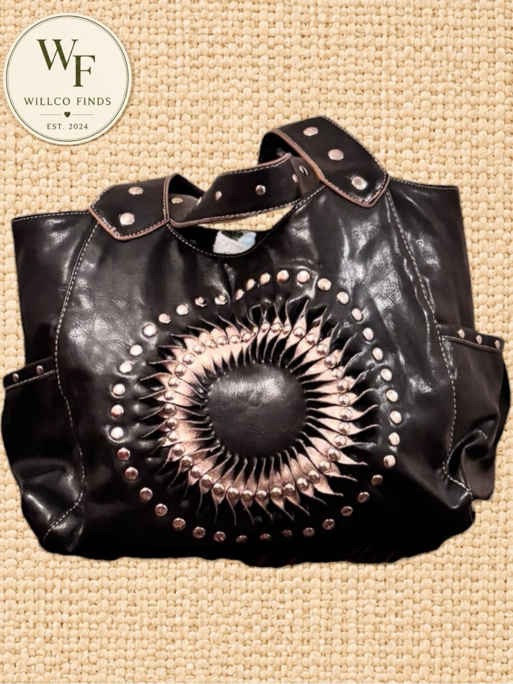 Black Studded Tote Bag Western Boho Faux Leather Shoulder Purse Sunburst